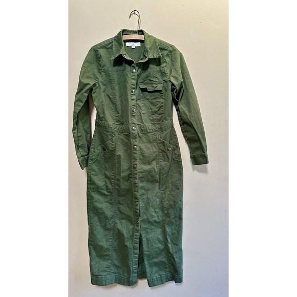 LOFT Twill Snap up 100% Cotton Green Midi Pocket Dress Size 6P Petites Office - Picture 4 of 13